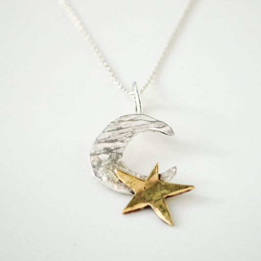 Silver Textured Moon Pendant with Polished Brass Star