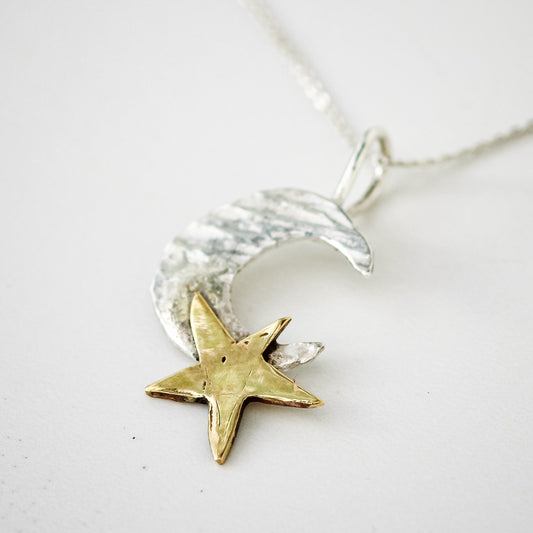 Silver Textured Moon Pendant with Polished Brass Star