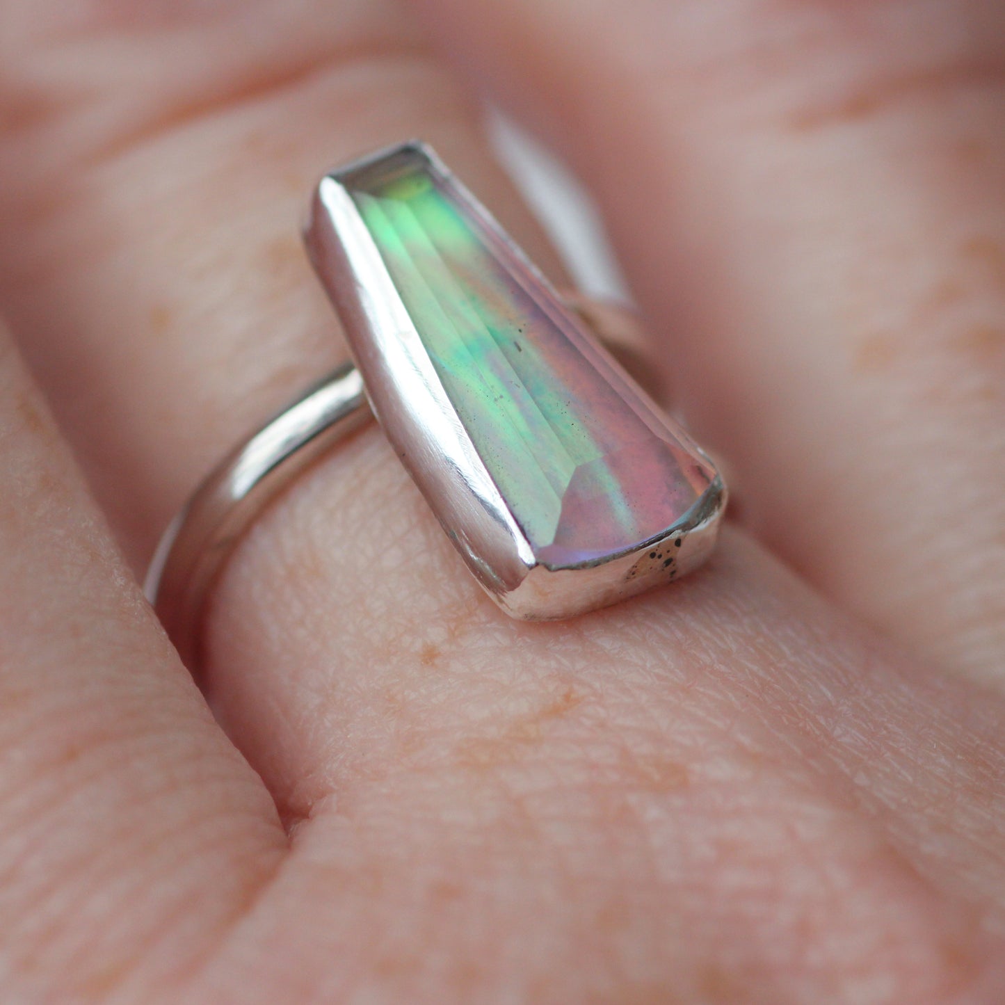 Pink & green flash opal ring