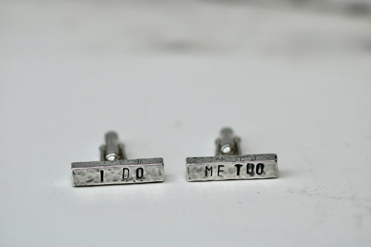 Handcrafted eco silver cufflinks engraved with 'I DO' and 'ME TOO' for personalized wedding gifts.
