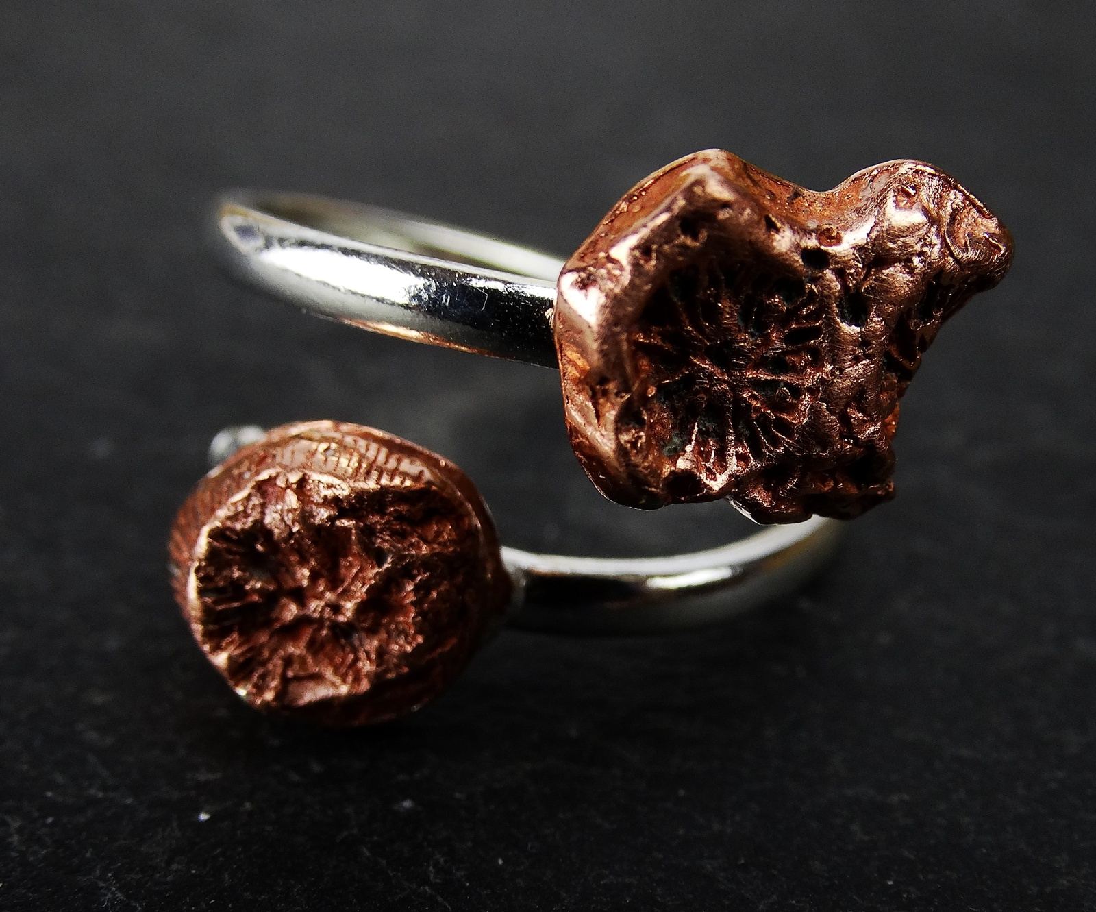 Copper and sterling silver adjustable shell ring louella-jewellery