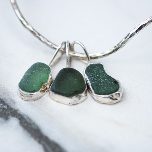 Green sea glass, wave, charm bangle
