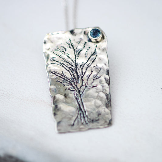 The Winter Tree- Silver Tree Pendant with Teal Sapphire