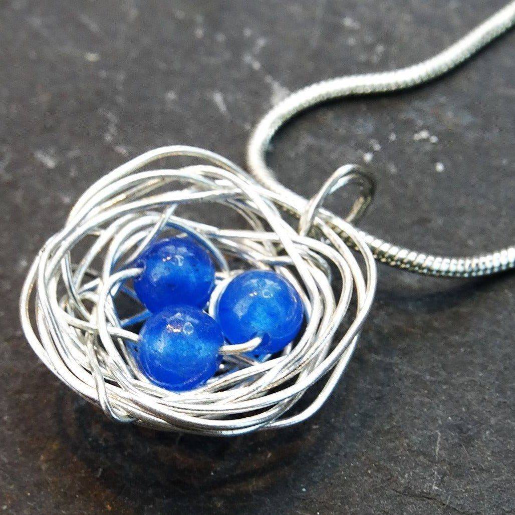 Birds nest pendant, necklace with blue eggs | Necklace | Louella Jewellery
