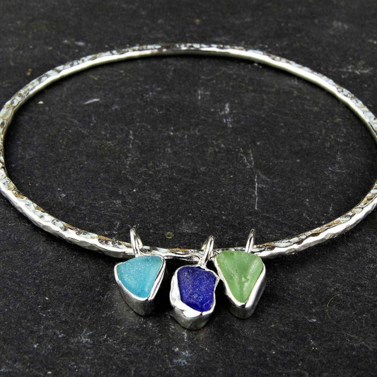 Blue & green sea glass charm bangle | Bangles | Louella Jewellery