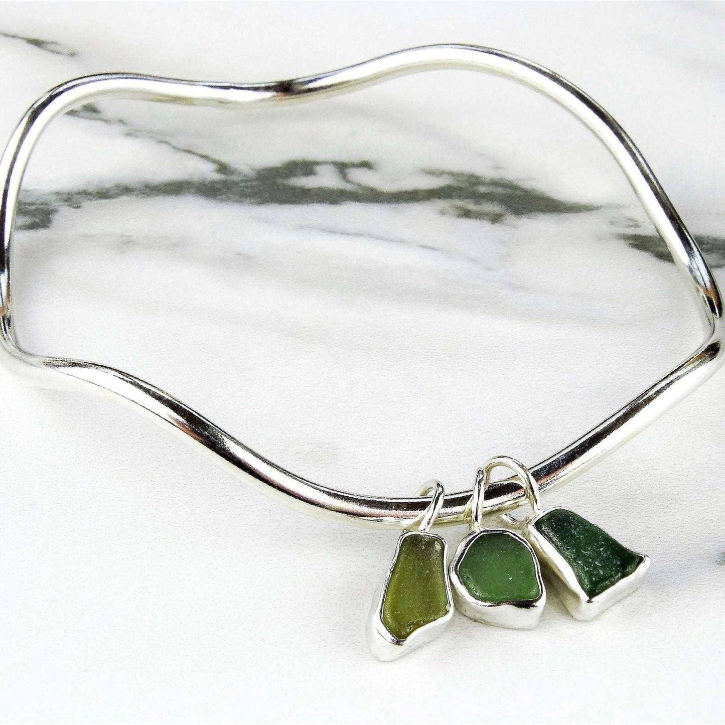 Green sea glass, wave, charm bangle | Bangles | Louella Jewellery