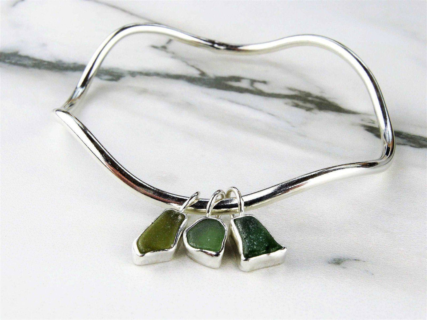 Green sea glass, wave, charm bangle | Bangles | Louella Jewellery