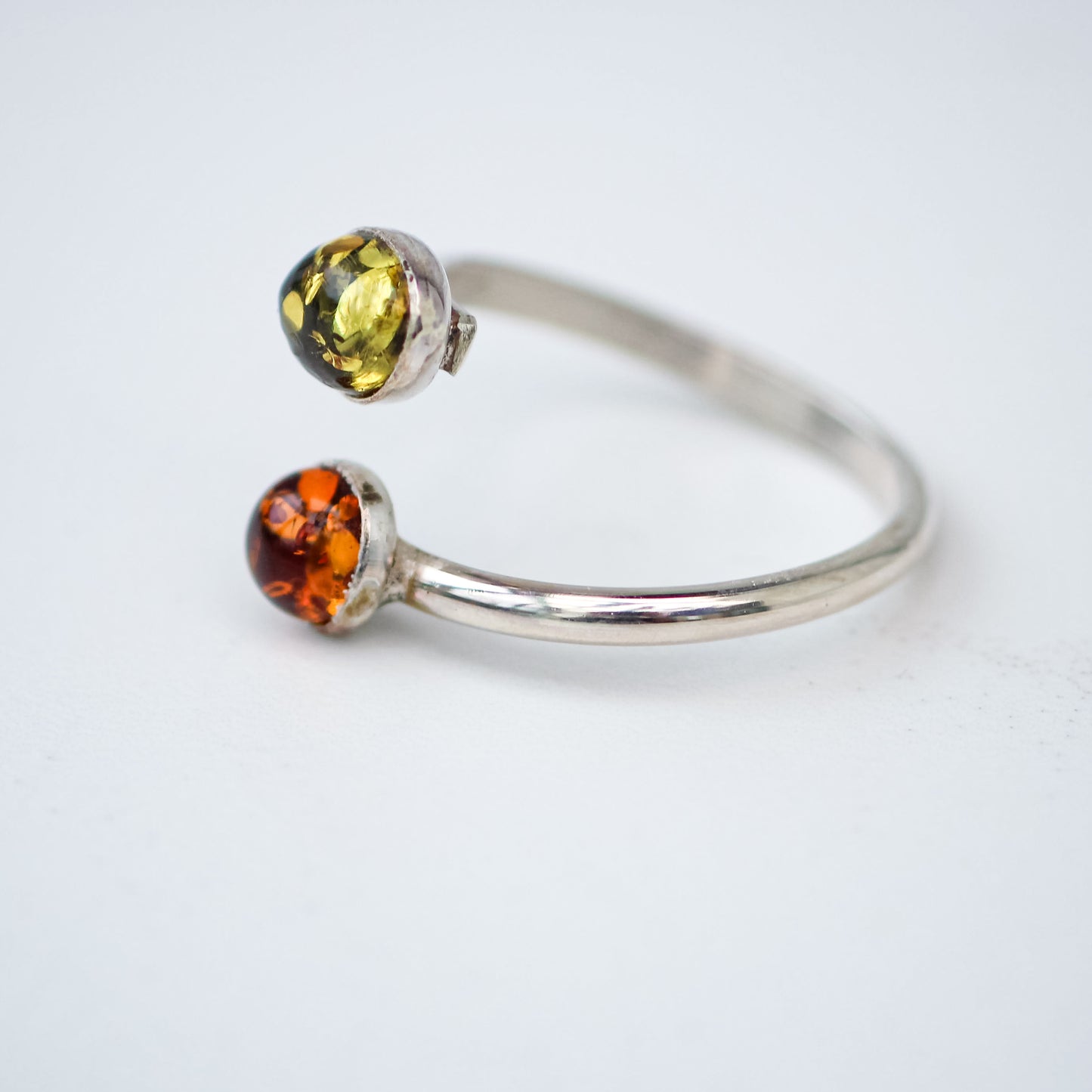 Green and Orange Amber Ring – Adjustable Sterling Silver