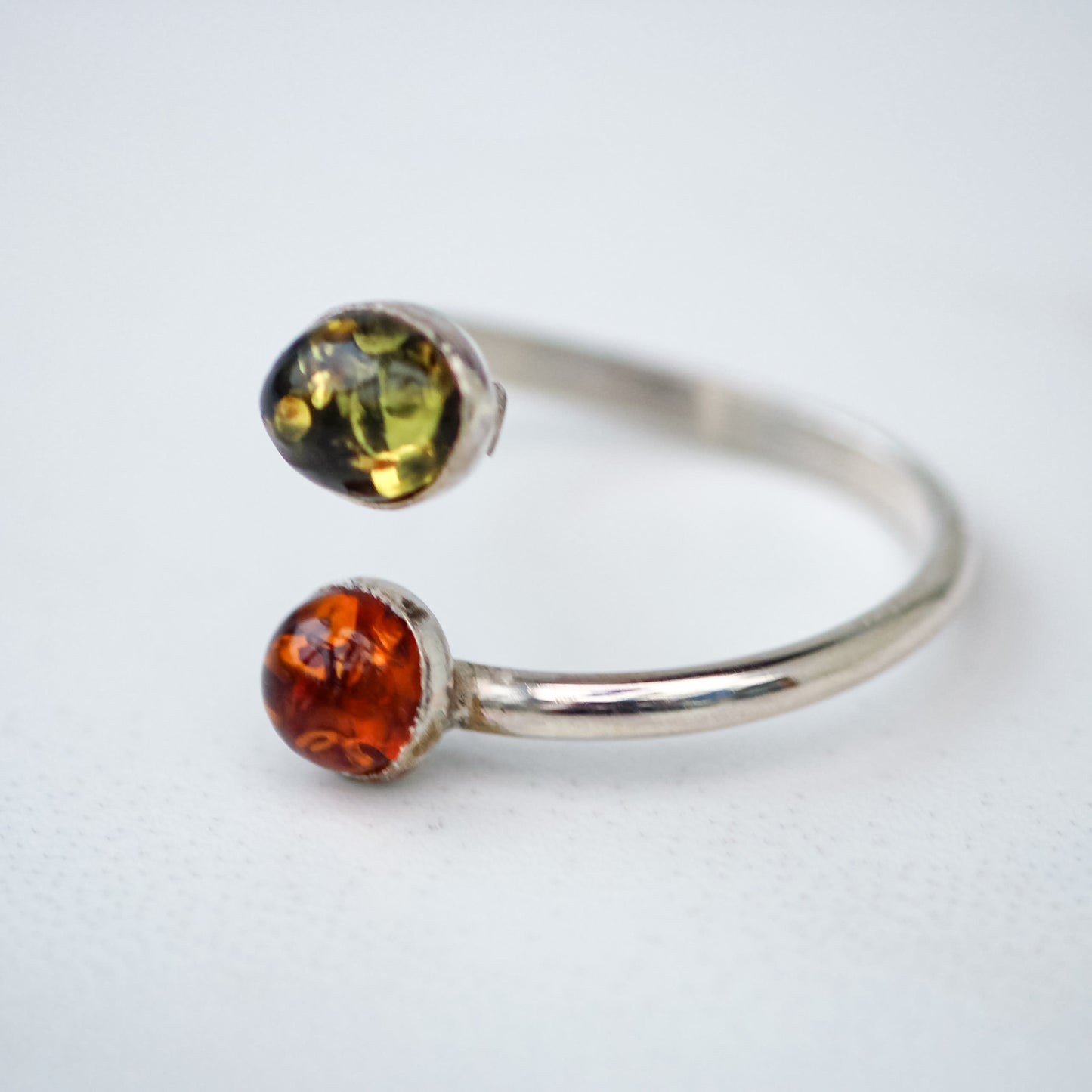 Green and Orange Amber Ring – Adjustable Sterling Silver