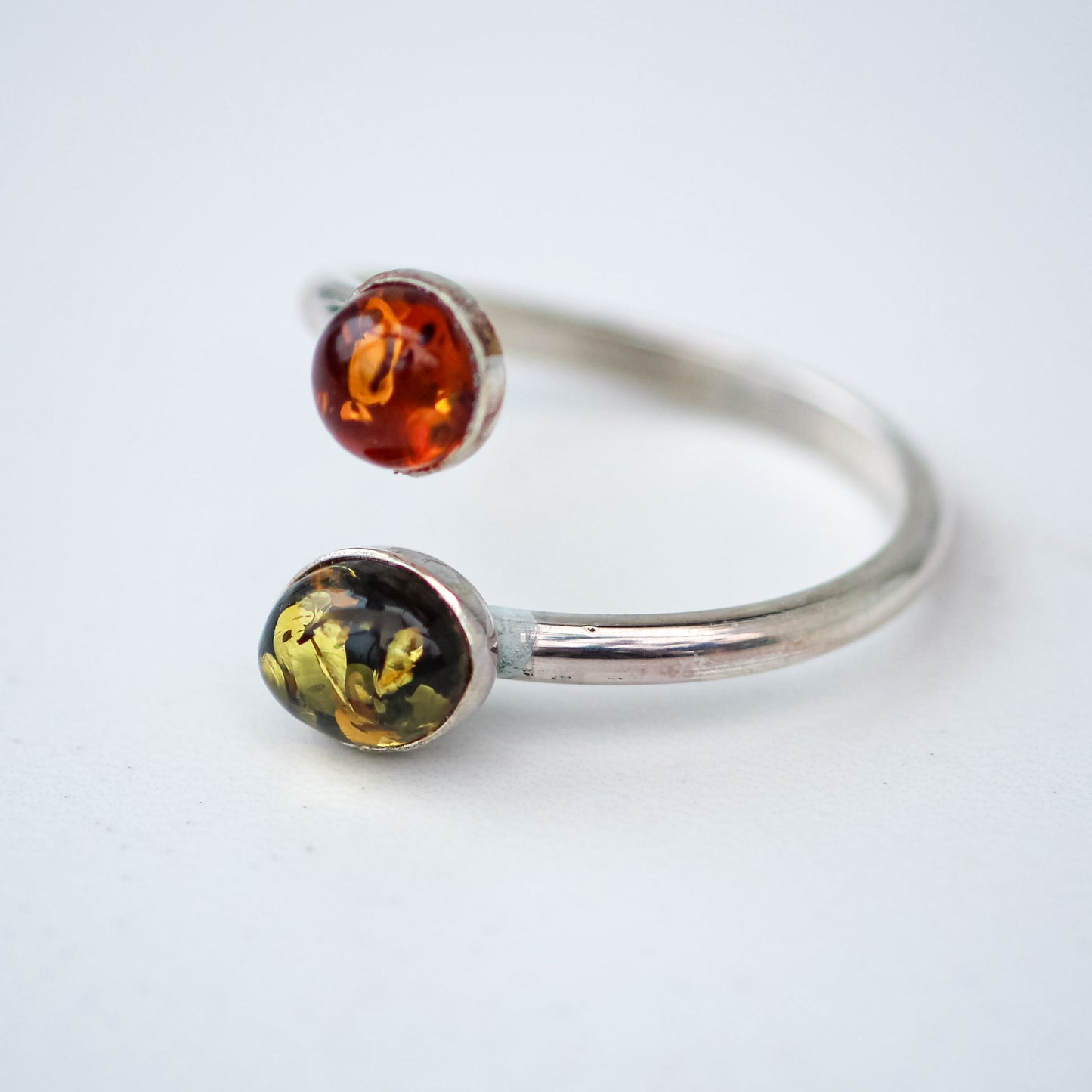 Green and Orange Amber Ring – Adjustable Sterling Silver