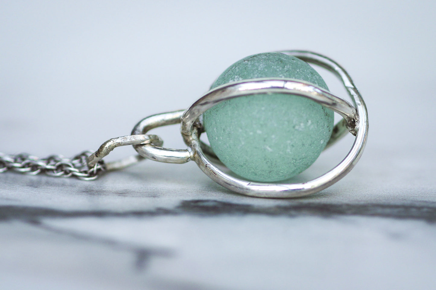 Unique Victorian marble sea glass necklace, handmade coastal jewellery from Cornwall