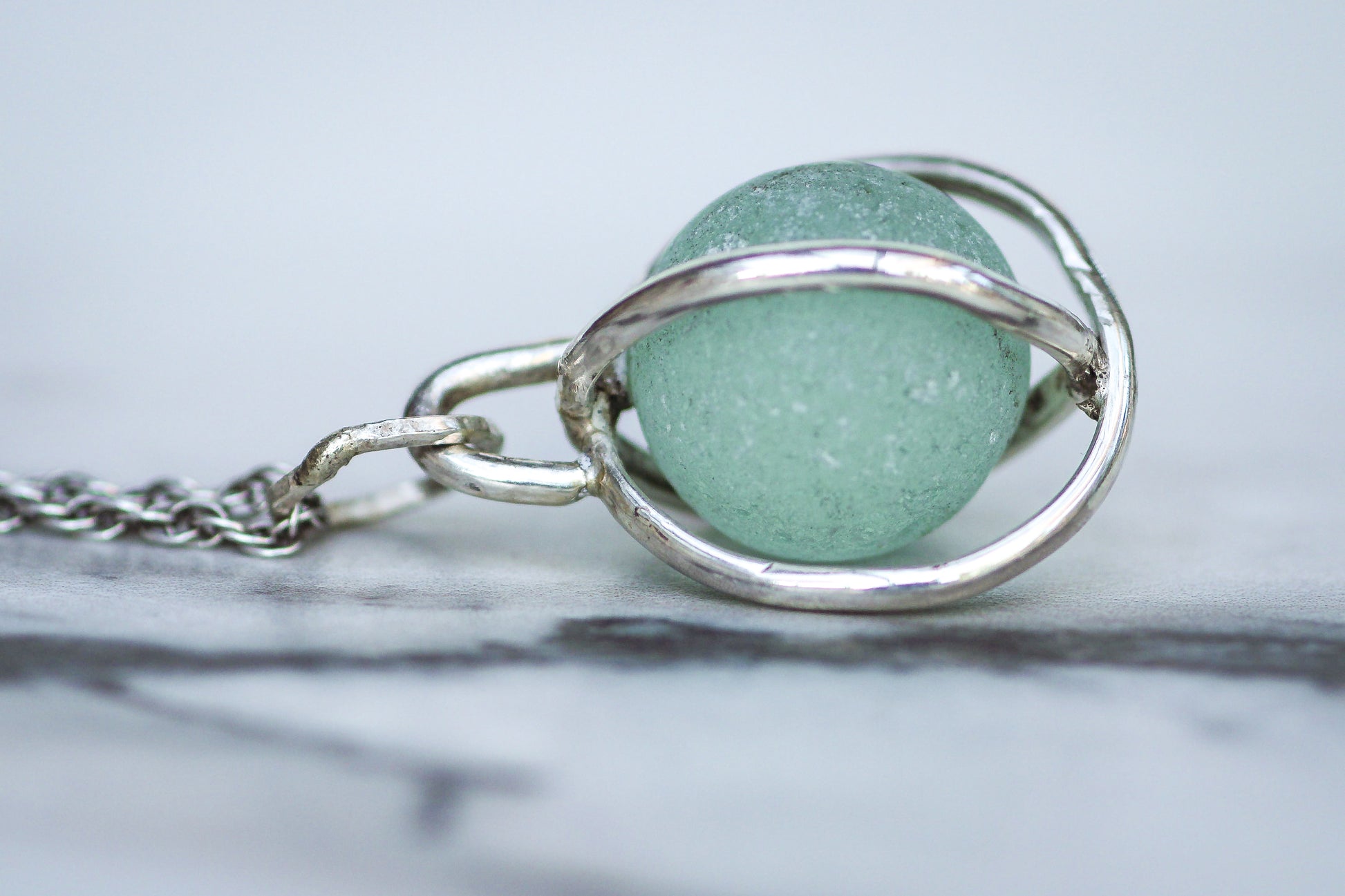 Unique Victorian marble sea glass necklace, handmade coastal jewellery from Cornwall