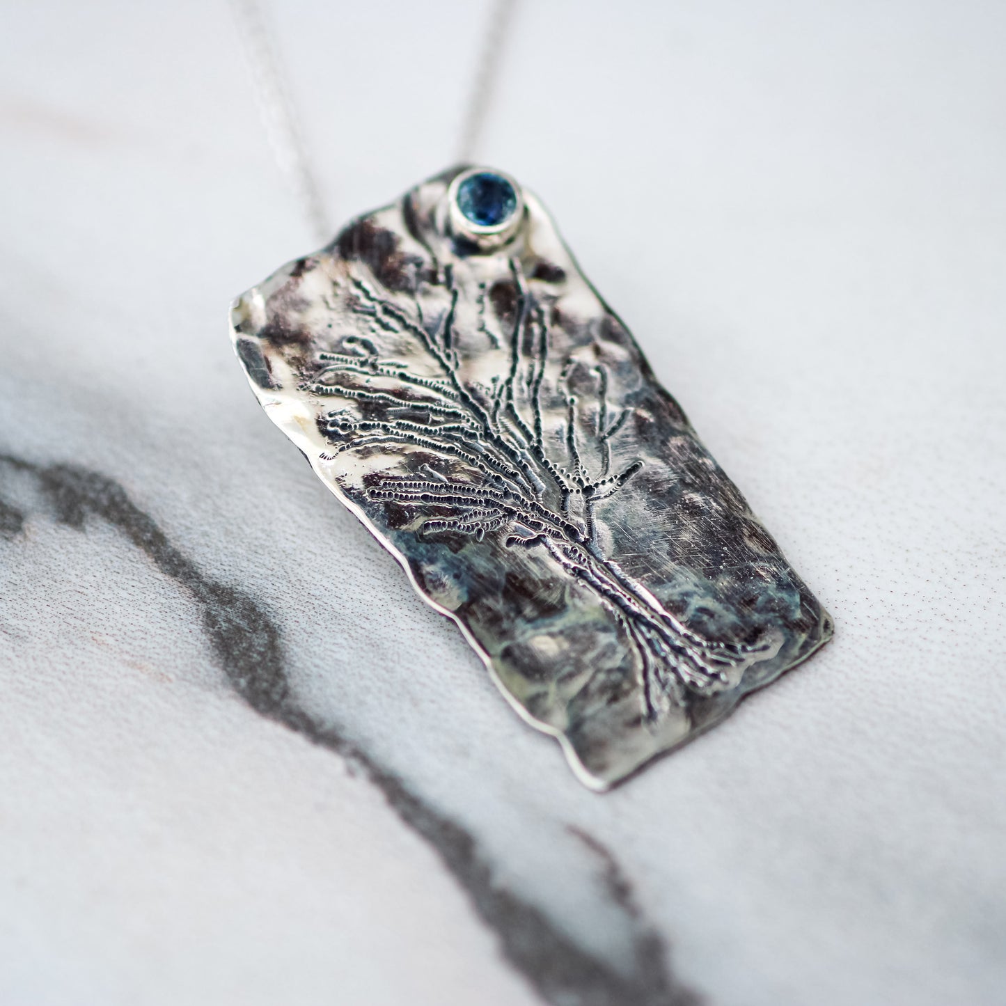 The Winter Tree- Silver Tree Pendant with Teal Sapphire