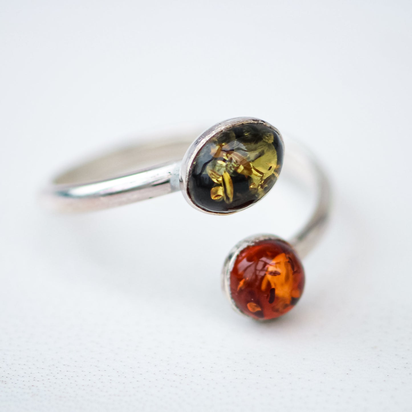 Green and Orange Amber Ring – Adjustable Sterling Silver
