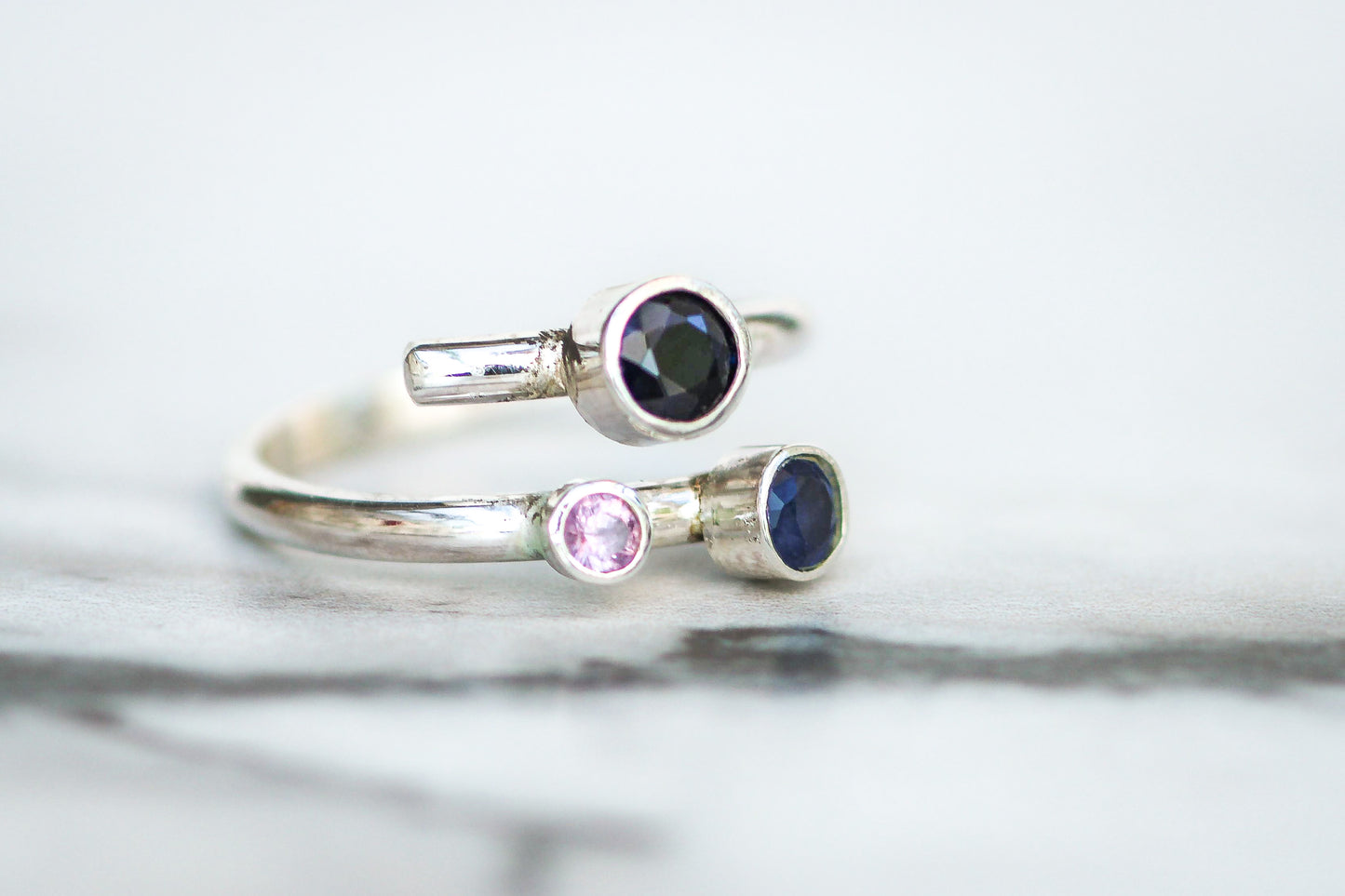 Three Sapphire Adjustable Ring – Sterling Silver with Blue & Pink Sapphires