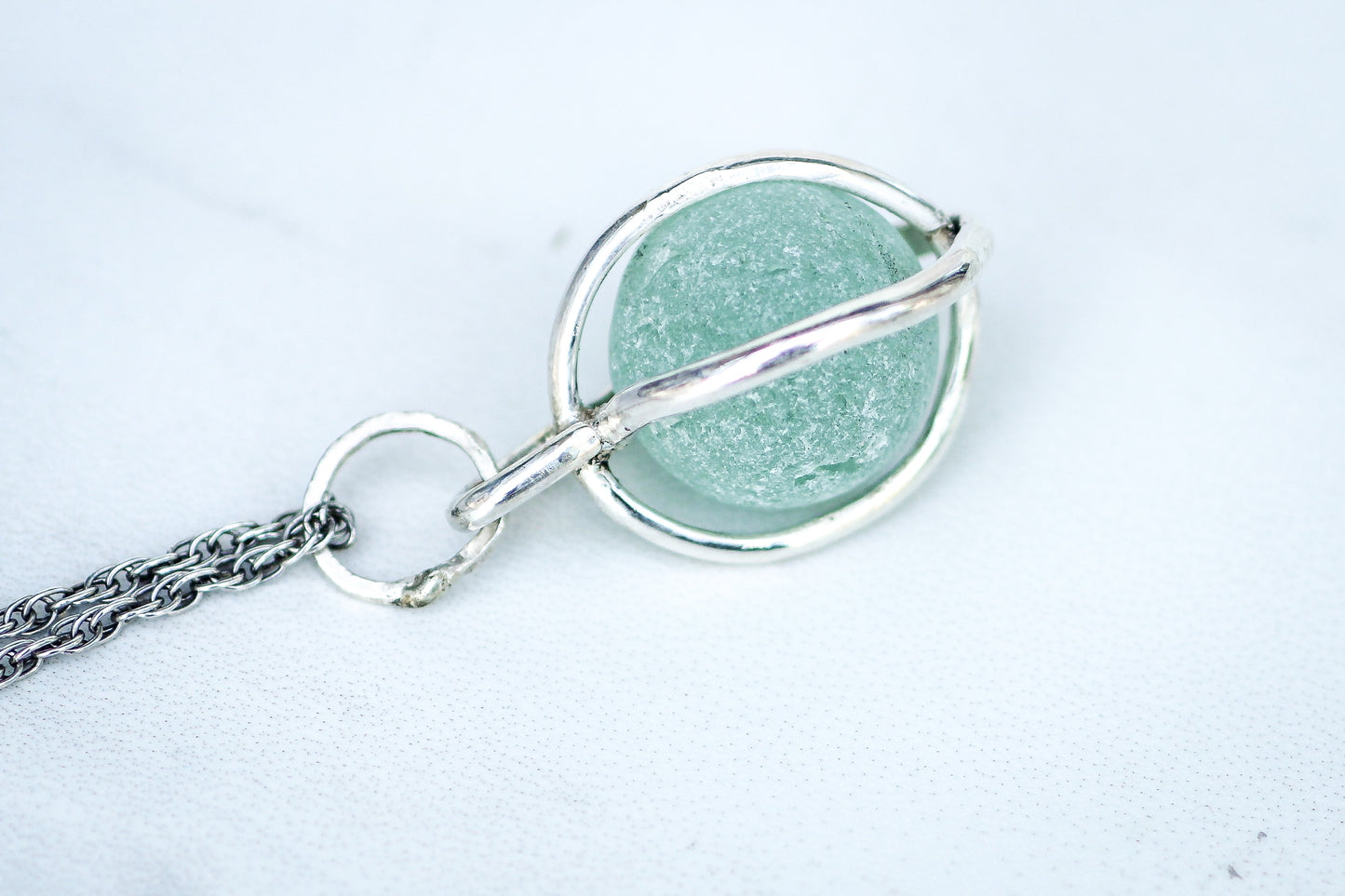 Antique sea glass marble pendant necklace, turquoise aqua colour, handcrafted in Cornwall