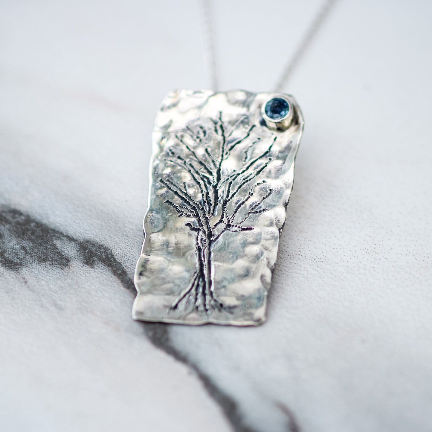 The Winter Tree- Silver Tree Pendant with Teal Sapphire