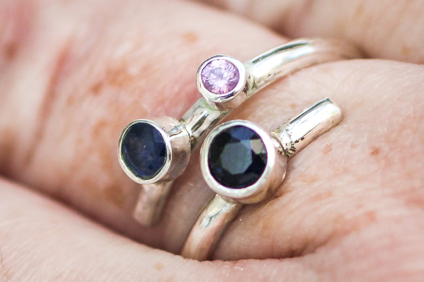 Three Sapphire Adjustable Ring – Sterling Silver with Blue & Pink Sapphires