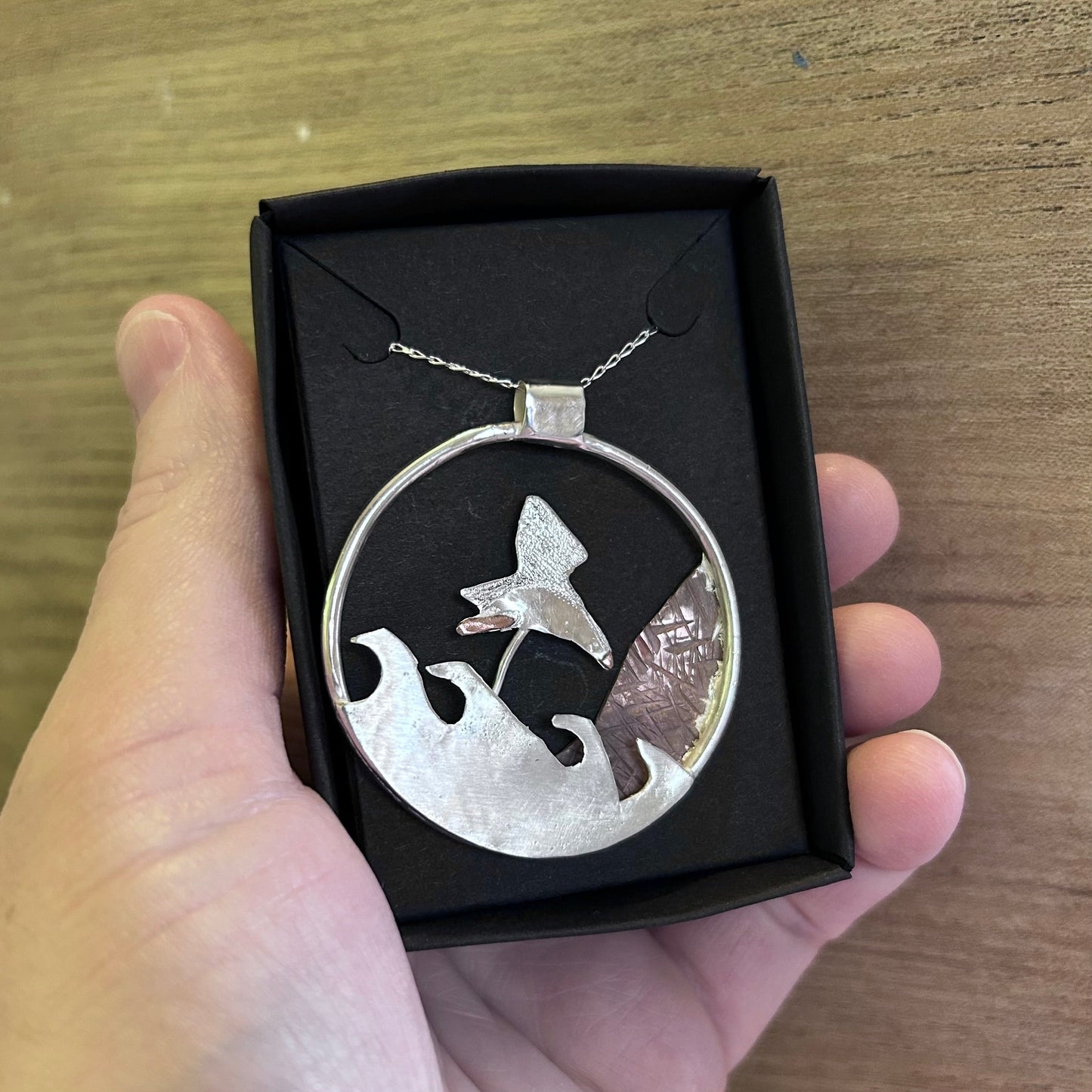 Kinetic puffin necklace - moving jewellery Louella Jewellery