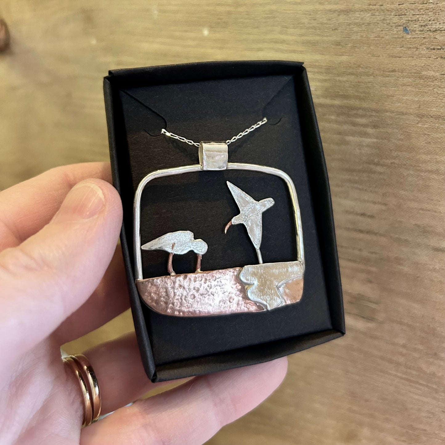 Oystercatcher Kinetic Necklace - moving jewellery Louella Jewellery