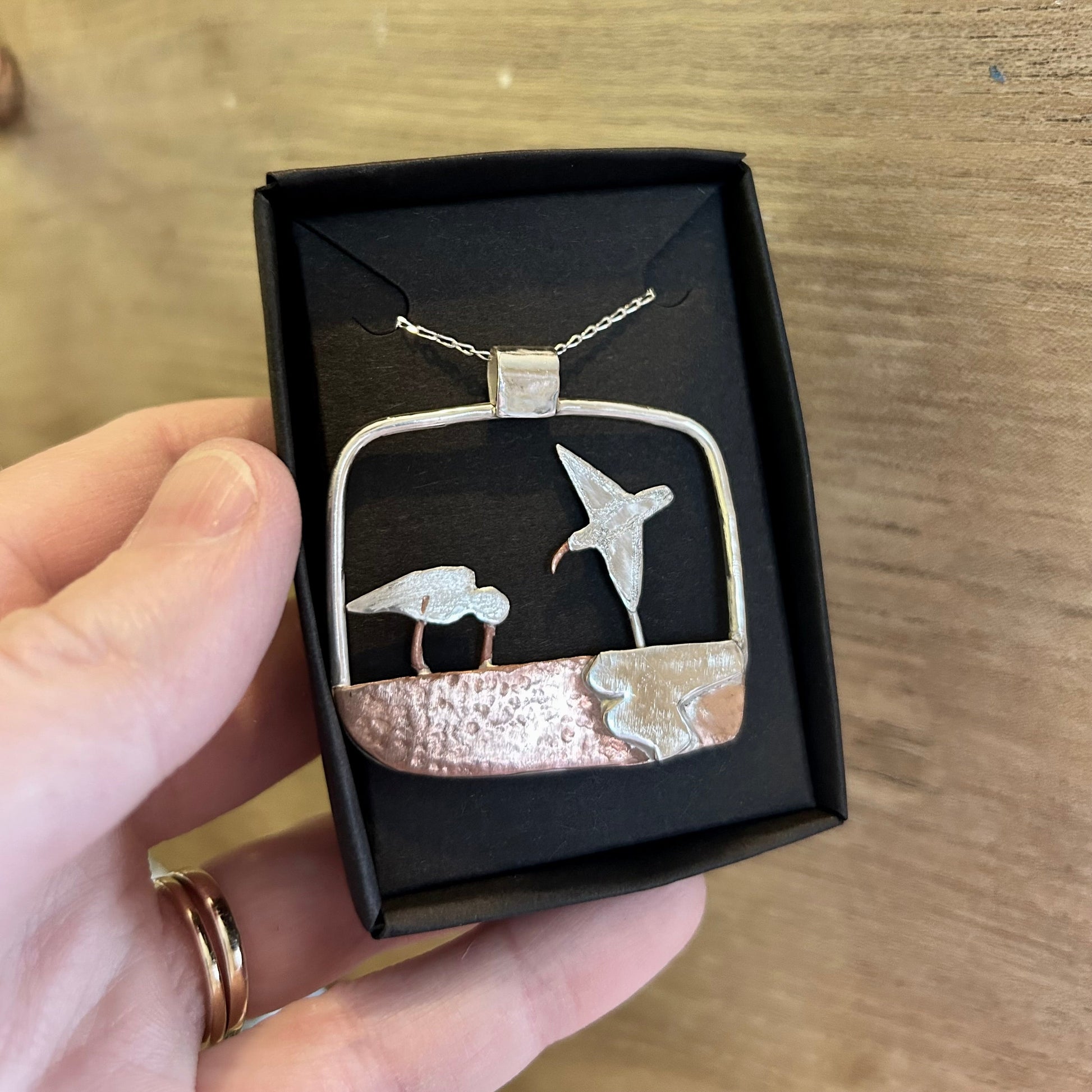 Oystercatcher Kinetic Necklace - moving jewellery Louella Jewellery