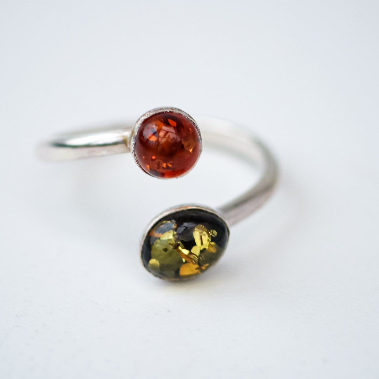 Green and Orange Amber Ring – Adjustable Sterling Silver