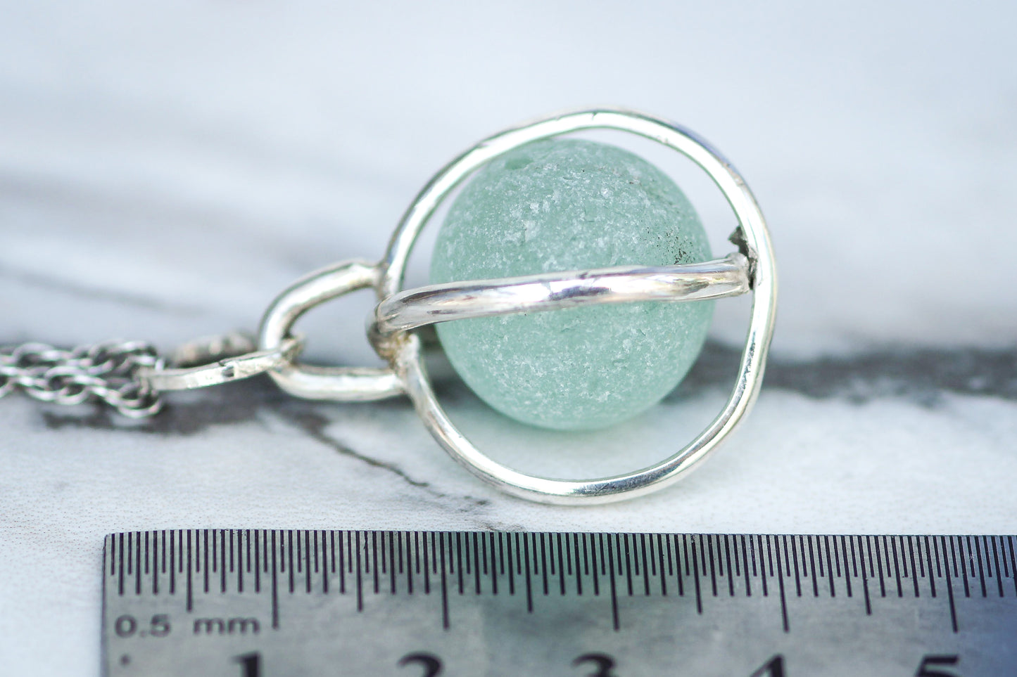 Sterling silver fiddle necklace with rare turquoise Codd marble, handmade in Cornwall