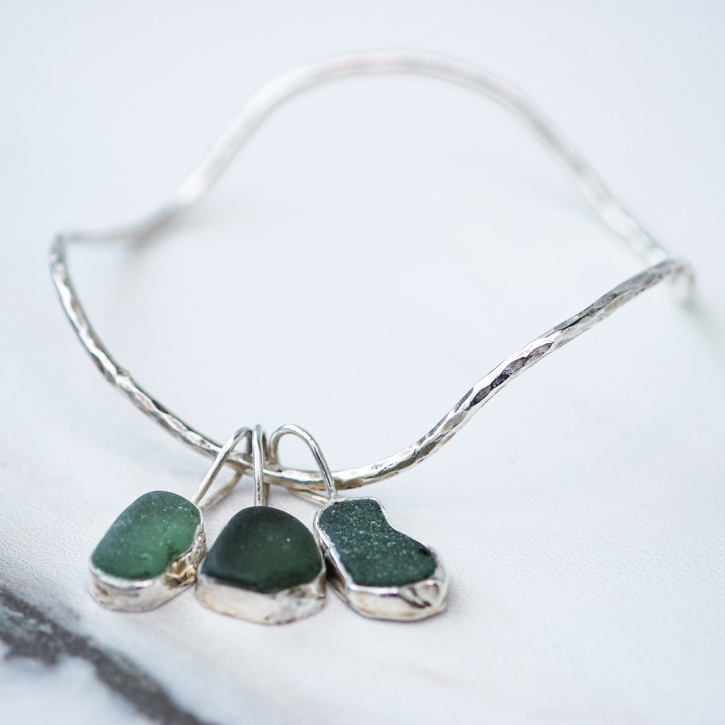 Green sea glass, wave, charm bangle