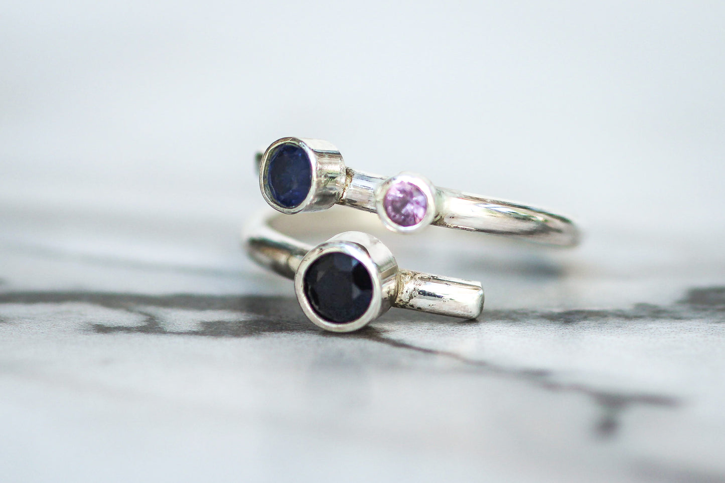 Three Sapphire Adjustable Ring – Sterling Silver with Blue & Pink Sapphires