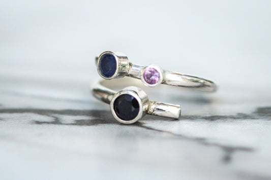 Three Sapphire Adjustable Ring – Sterling Silver with Blue & Pink Sapphires