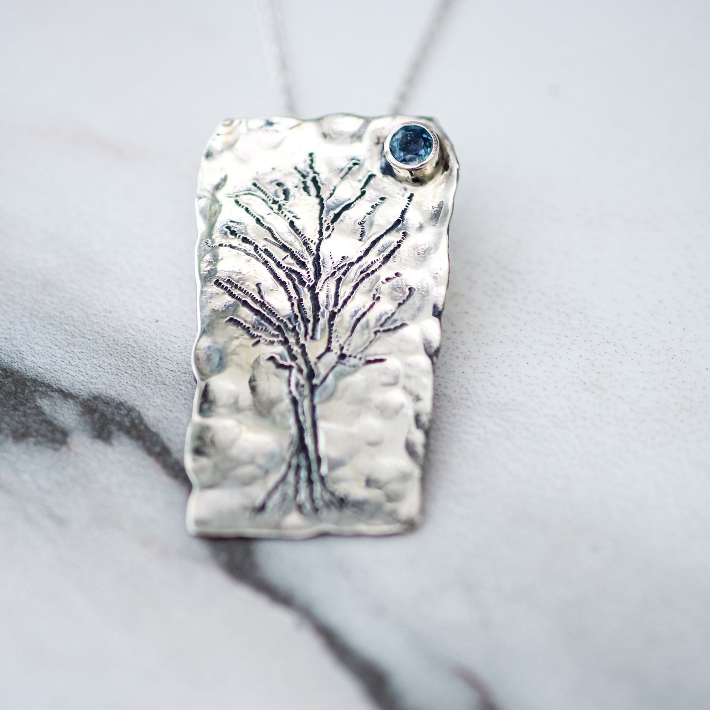 The Winter Tree- Silver Tree Pendant with Teal Sapphire