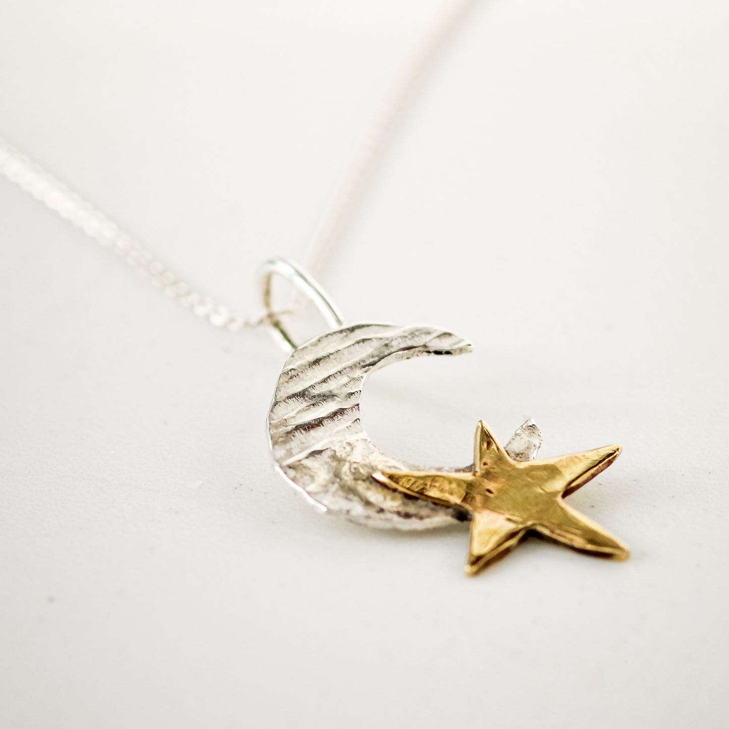 Silver Textured Moon Pendant with Polished Brass Star