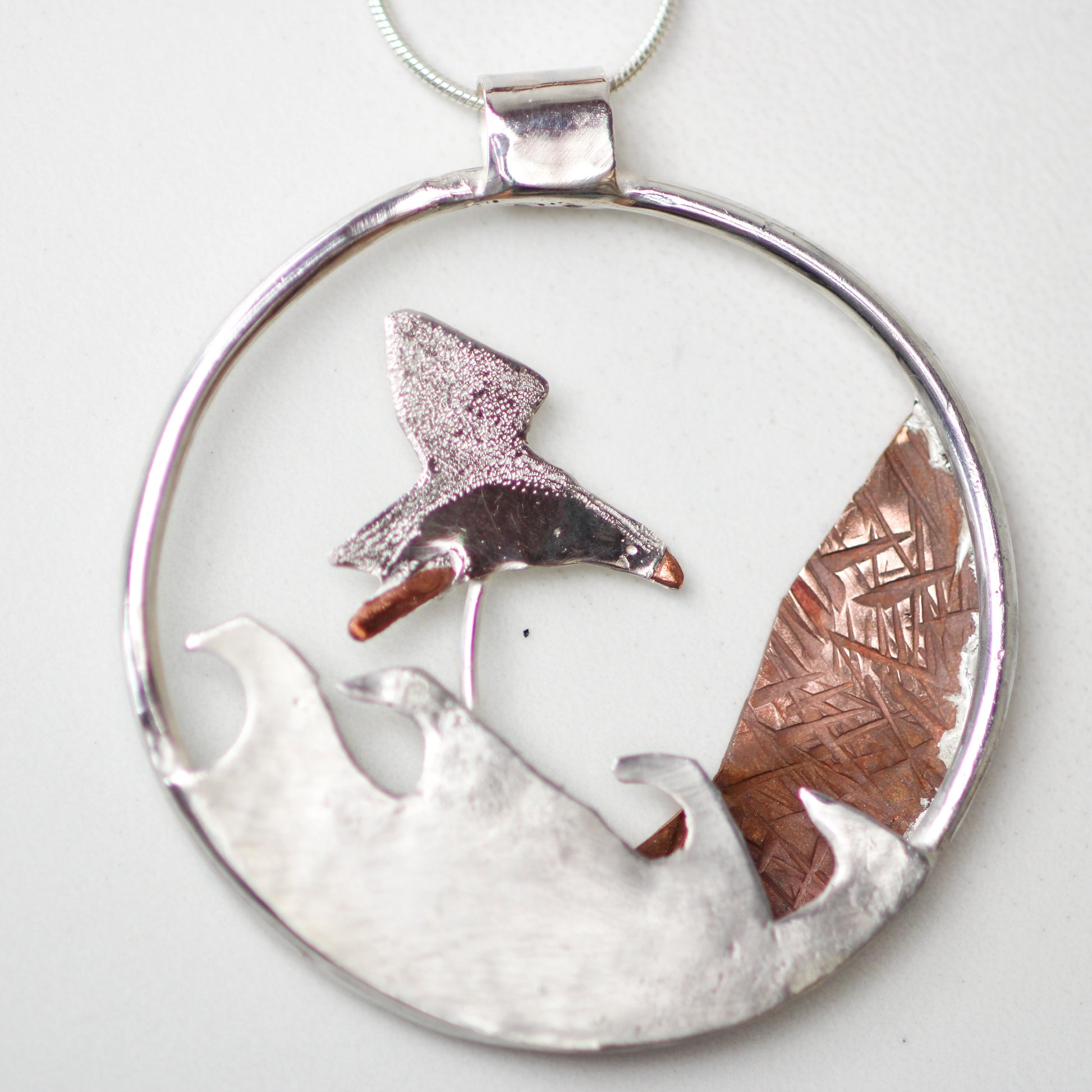 Kinetic puffin necklace - moving jewellery Louella Jewellery