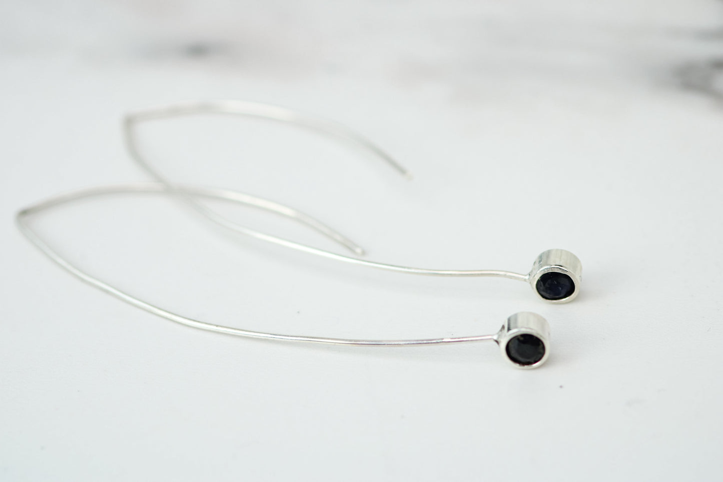 Blue-Black Sapphire Long Drop Modern Earrings