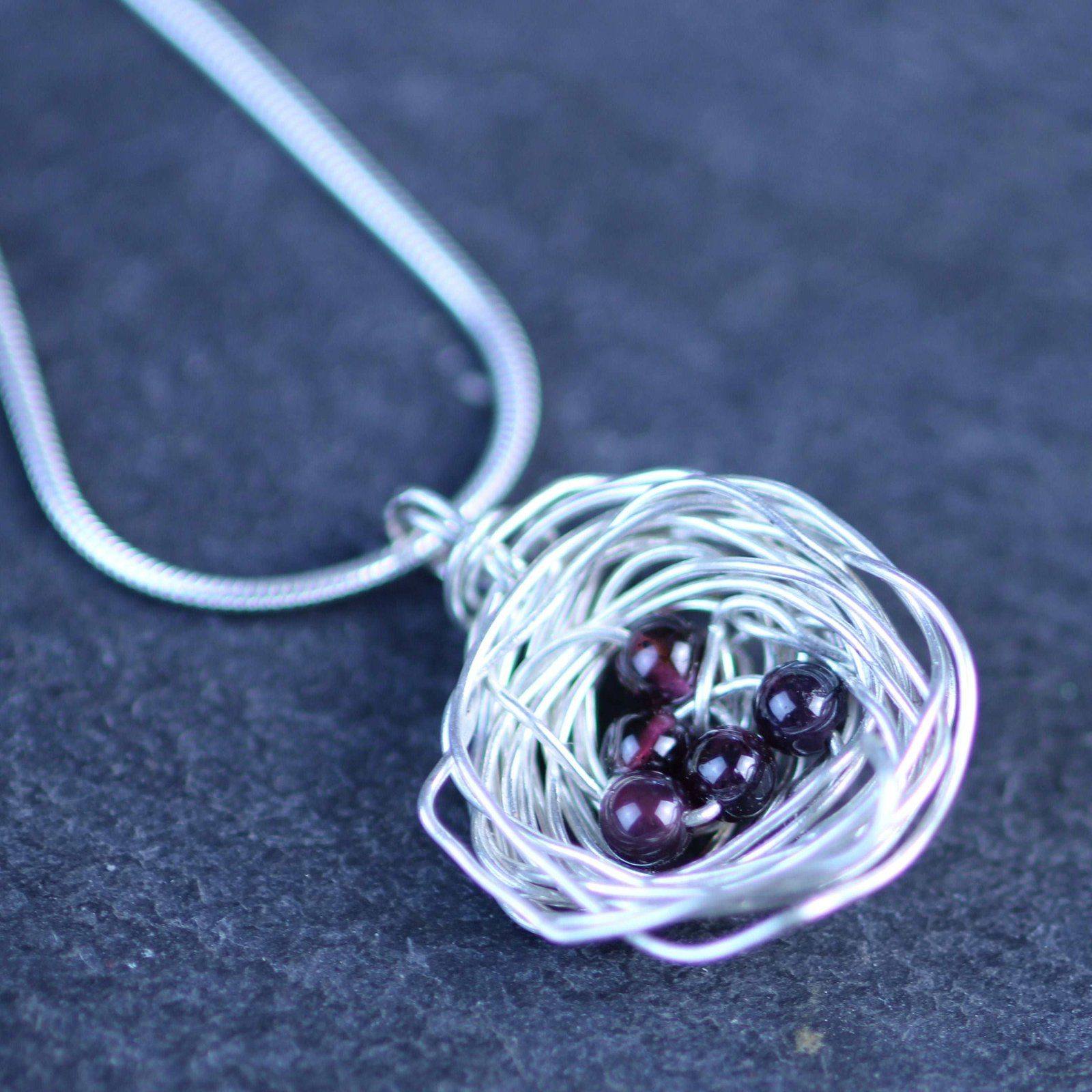 Birds nest pendant, necklace with red gemstone eggs | Necklace | Louella Jewellery