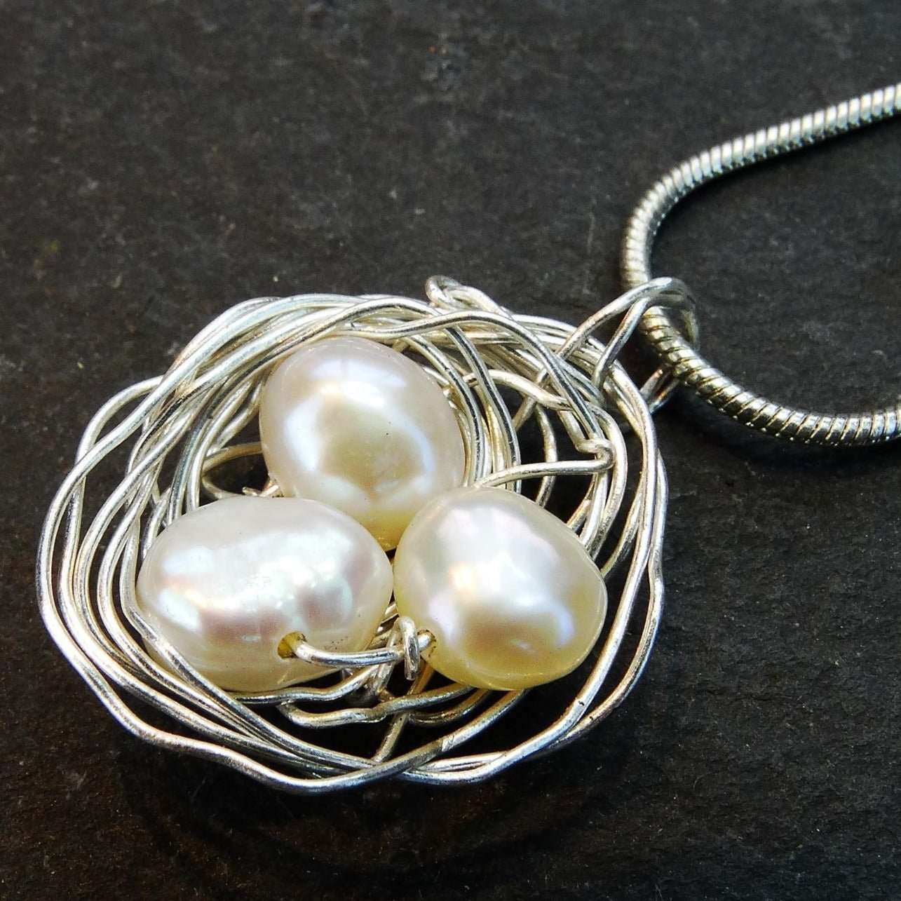 Birds nest pendant, necklace with white pearl eggs | Necklace | Louella Jewellery