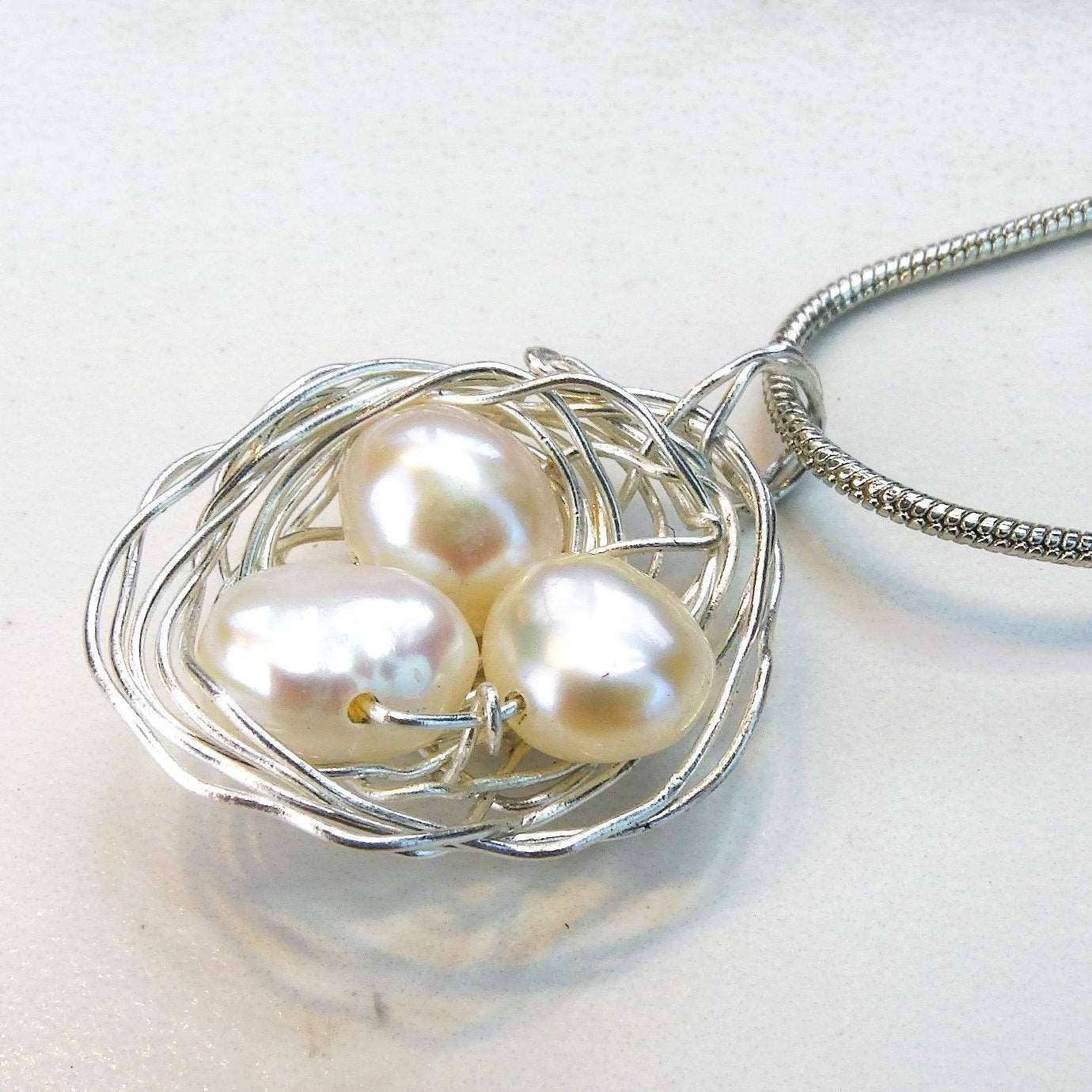 Birds nest pendant, necklace with white pearl eggs | Necklace | Louella Jewellery