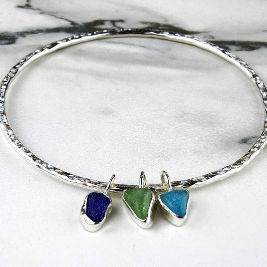 Blue & green sea glass charm bangle | Bangles | Louella Jewellery