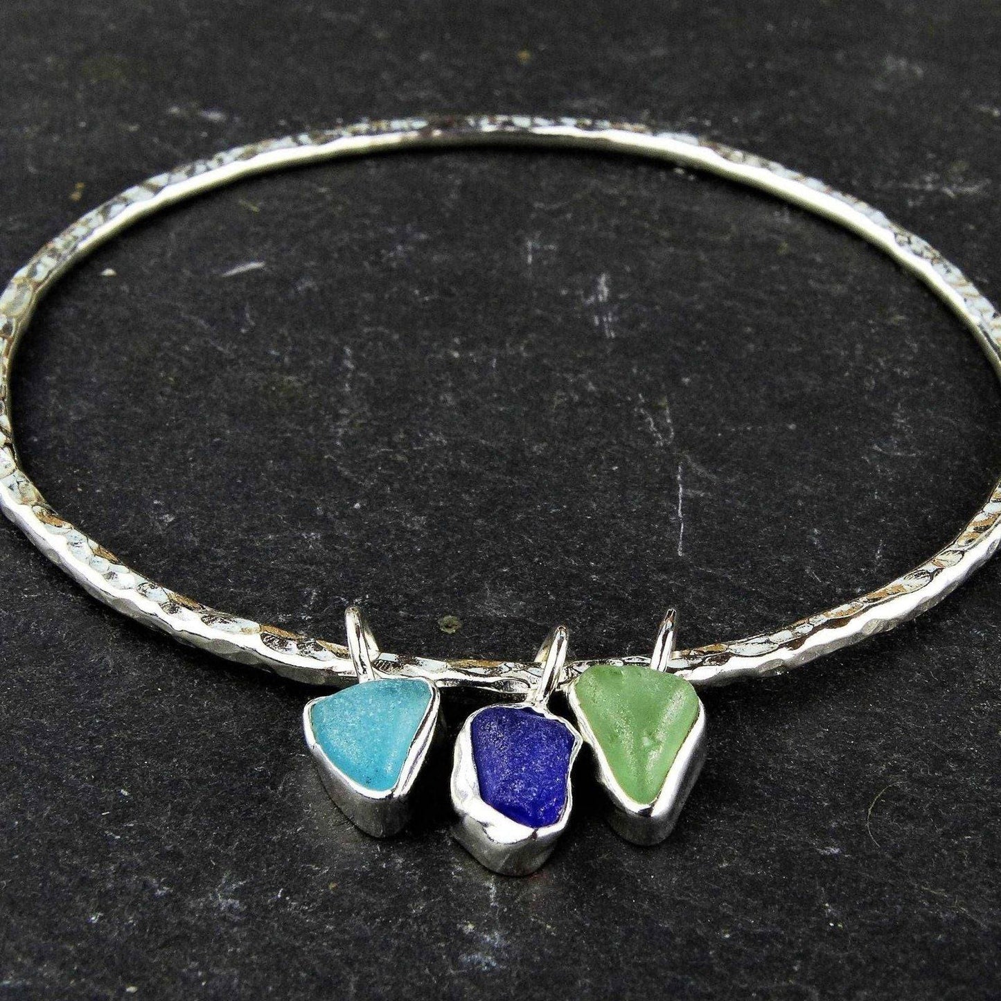 Blue & green sea glass charm bangle | Bangles | Louella Jewellery