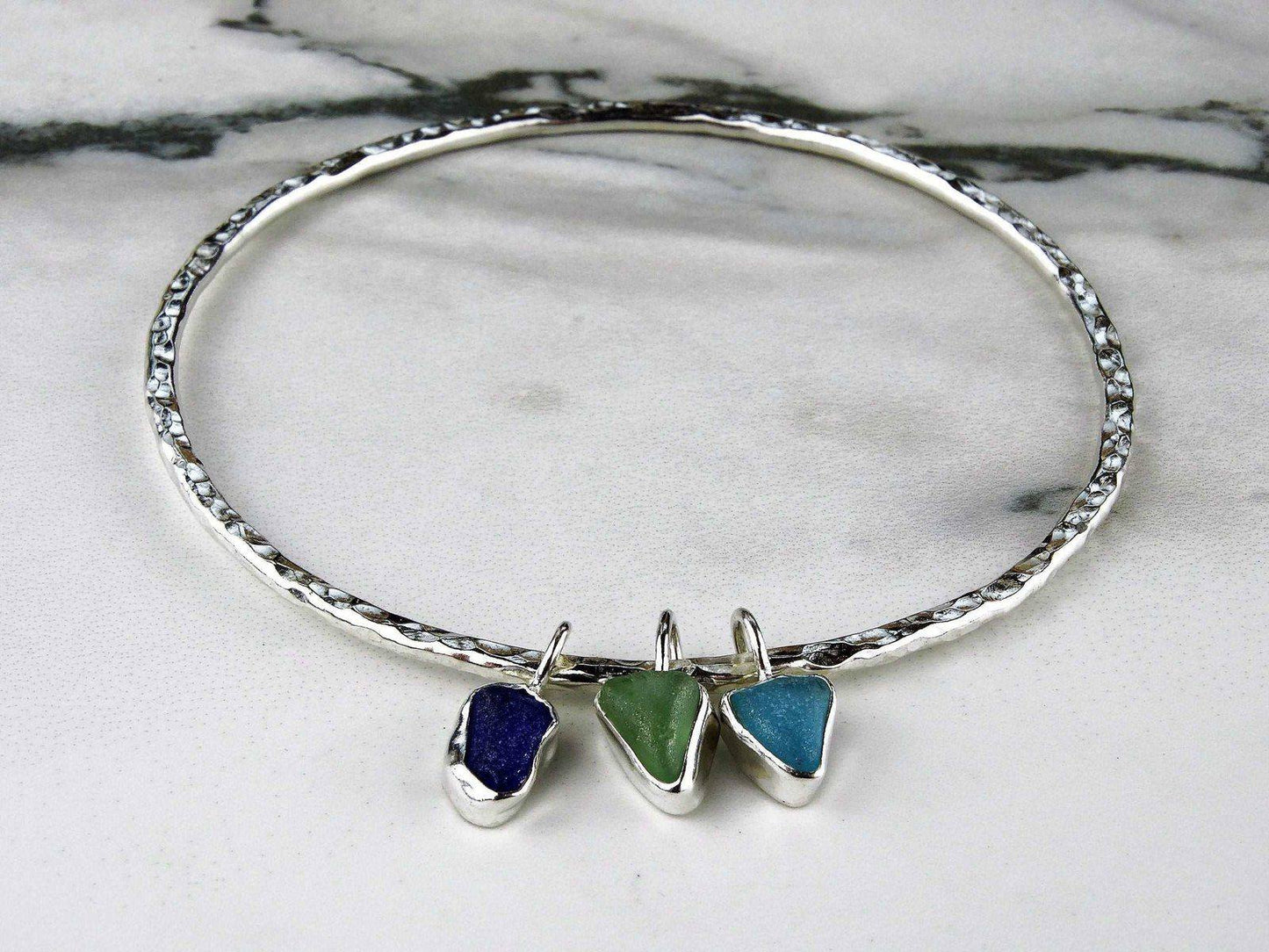 Blue & green sea glass charm bangle | Bangles | Louella Jewellery