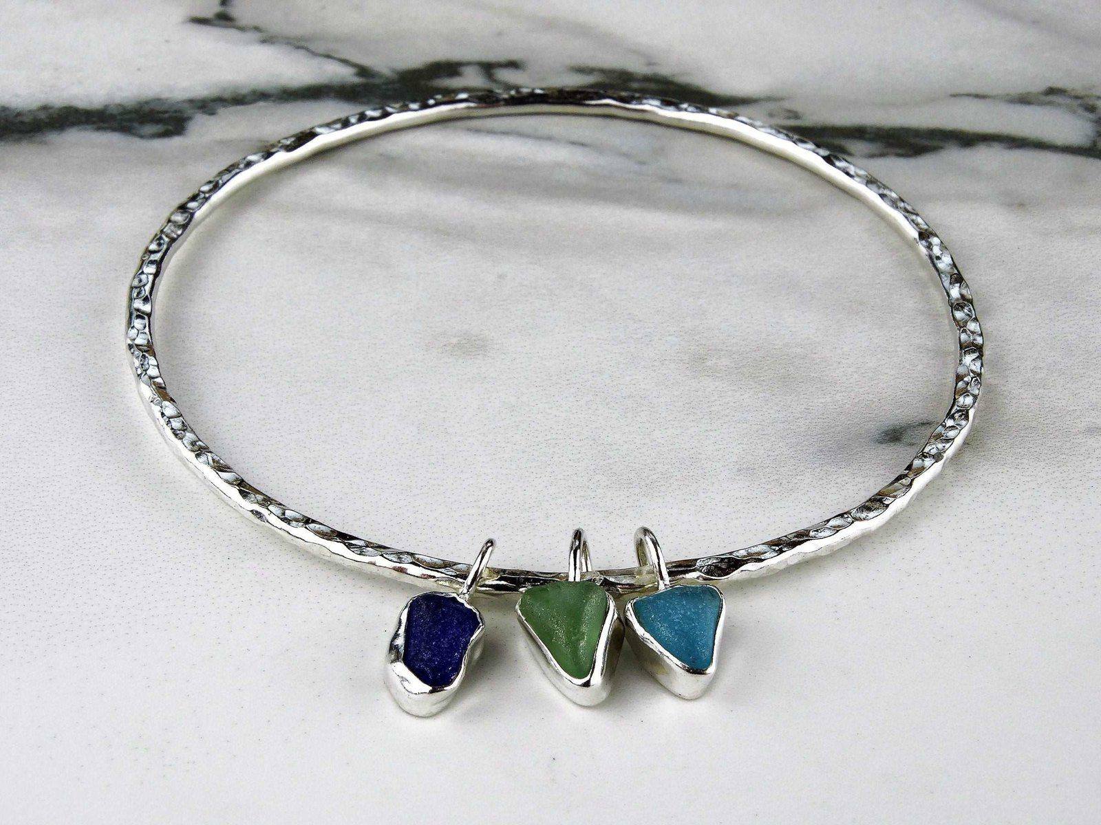 Blue & green sea glass charm bangle | Bangles | Louella Jewellery