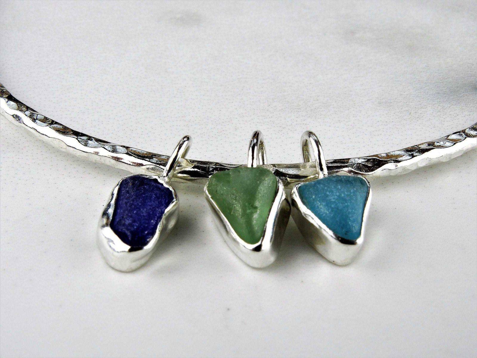 Blue & green sea glass charm bangle | Bangles | Louella Jewellery