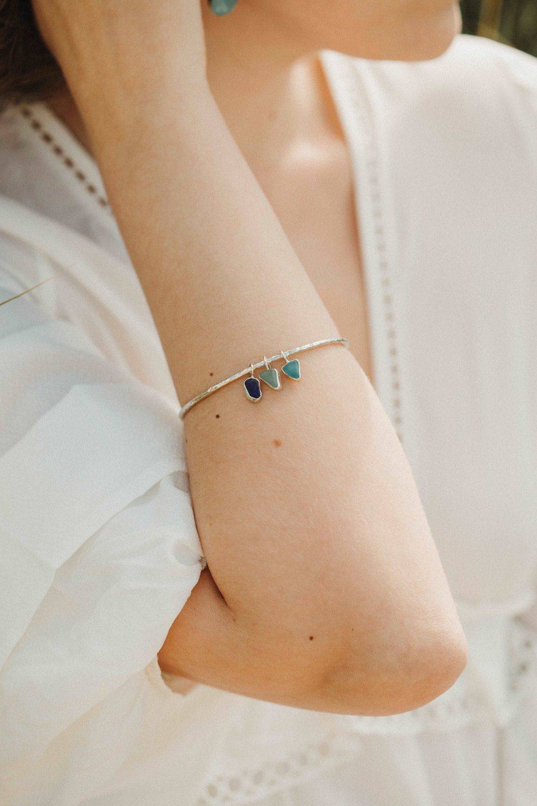 Blue & green sea glass charm bangle | Bangles | Louella Jewellery