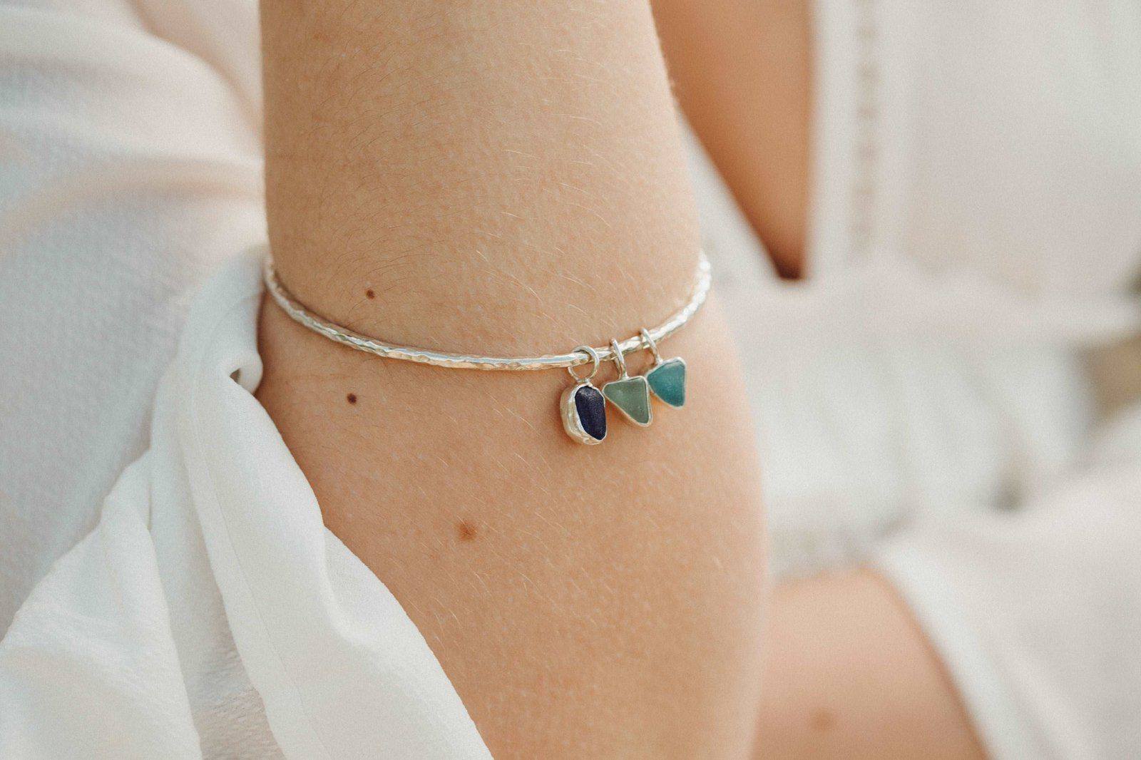 Blue & green sea glass charm bangle | Bangles | Louella Jewellery