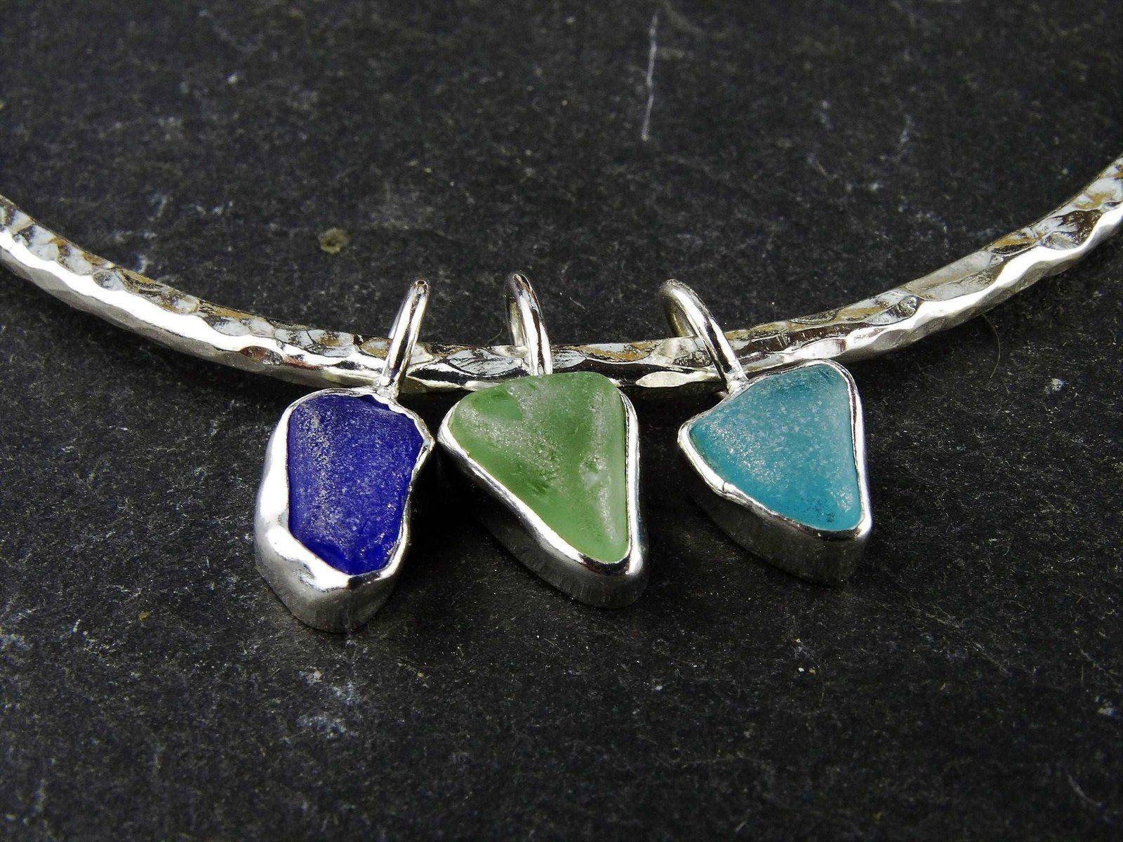 Blue & green sea glass charm bangle | Bangles | Louella Jewellery