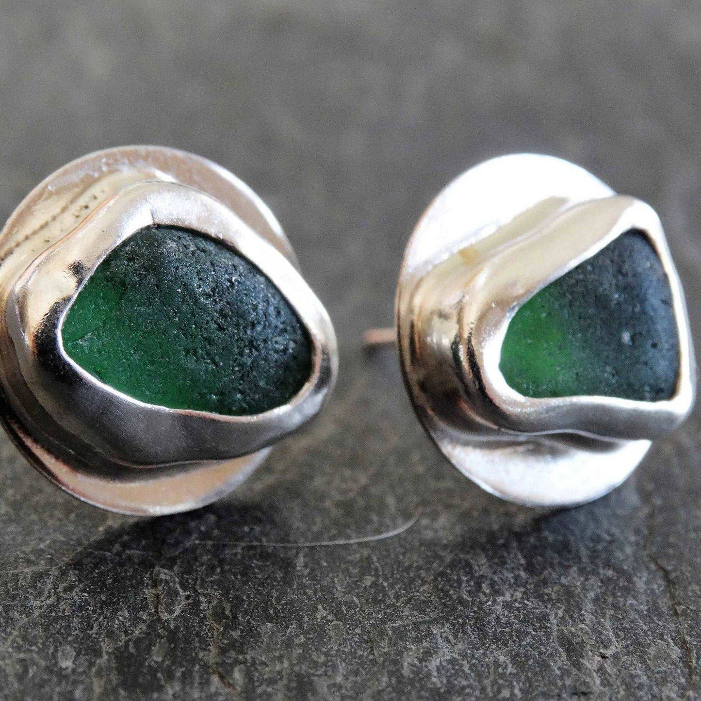 Green sea glass, stud earrings | Earrings | Louella Jewellery