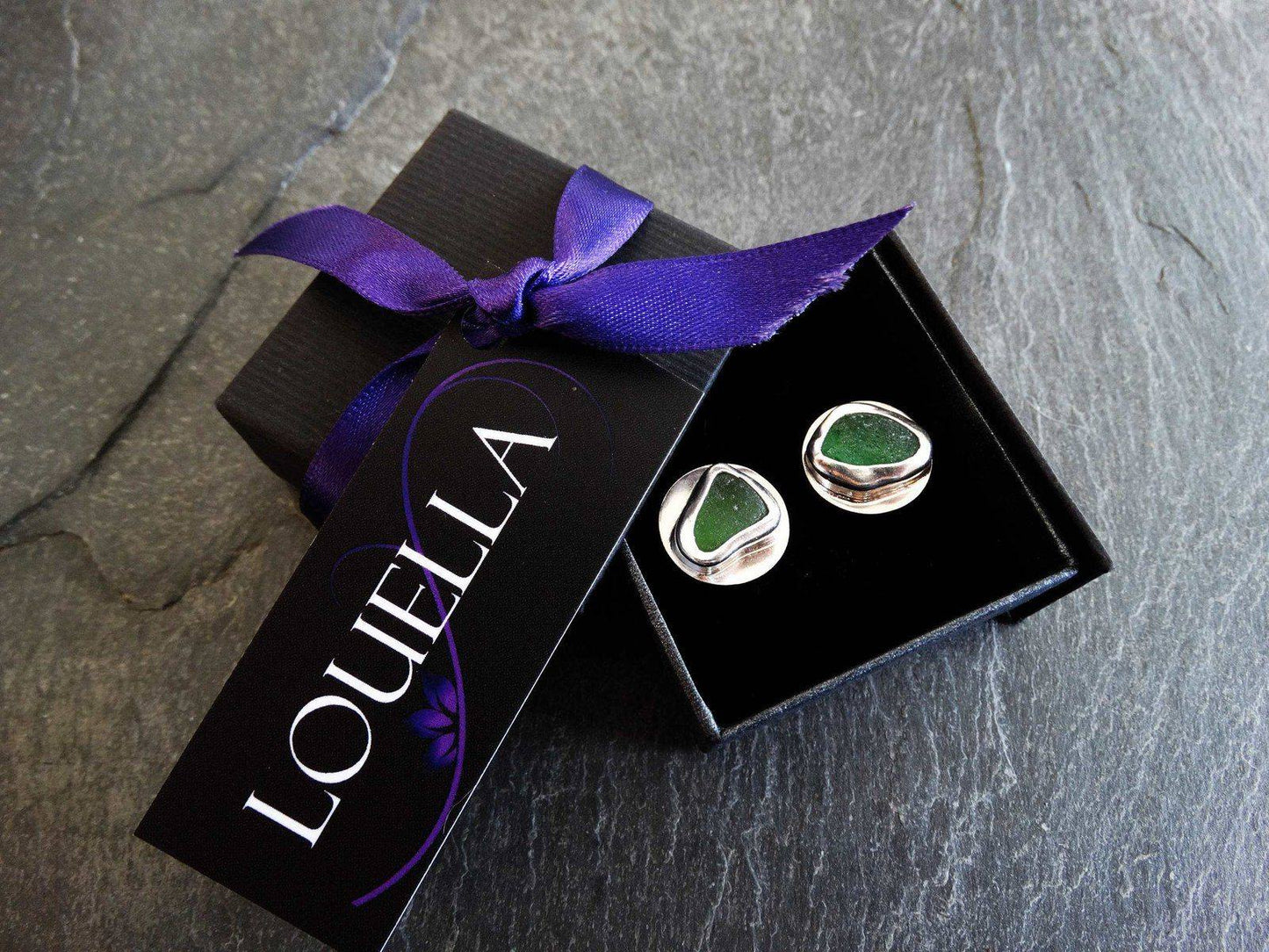 Green sea glass, stud earrings | Earrings | Louella Jewellery