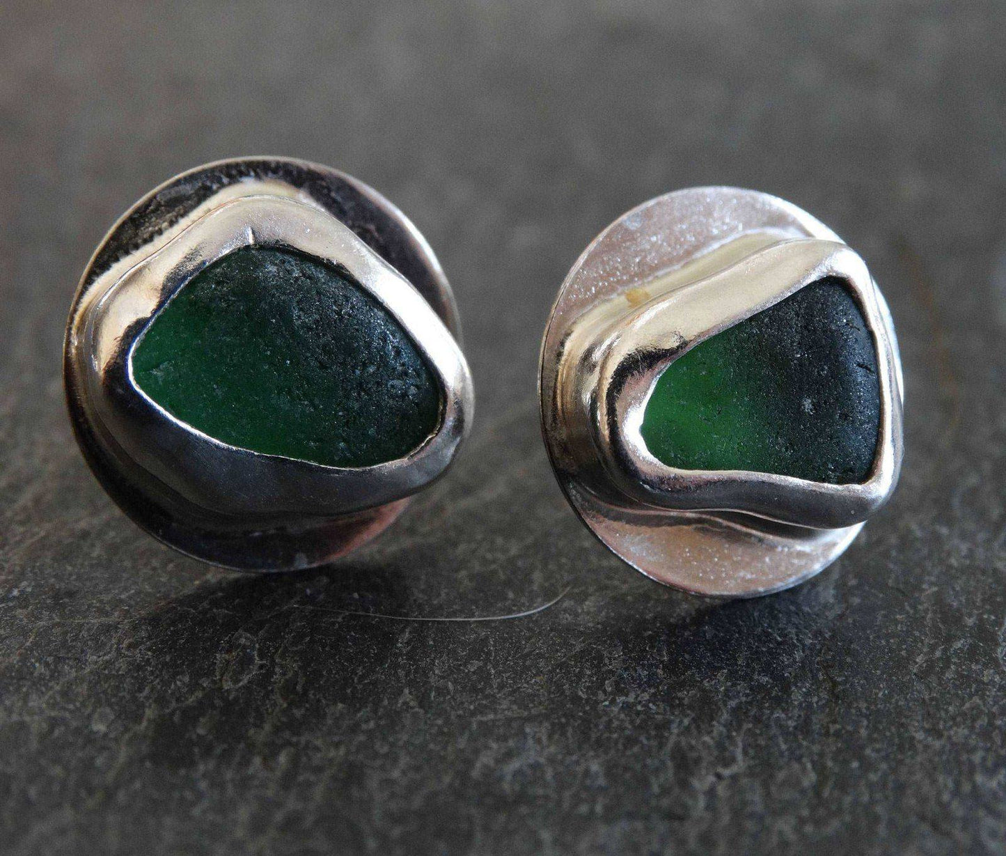 Green sea glass, stud earrings | Earrings | Louella Jewellery