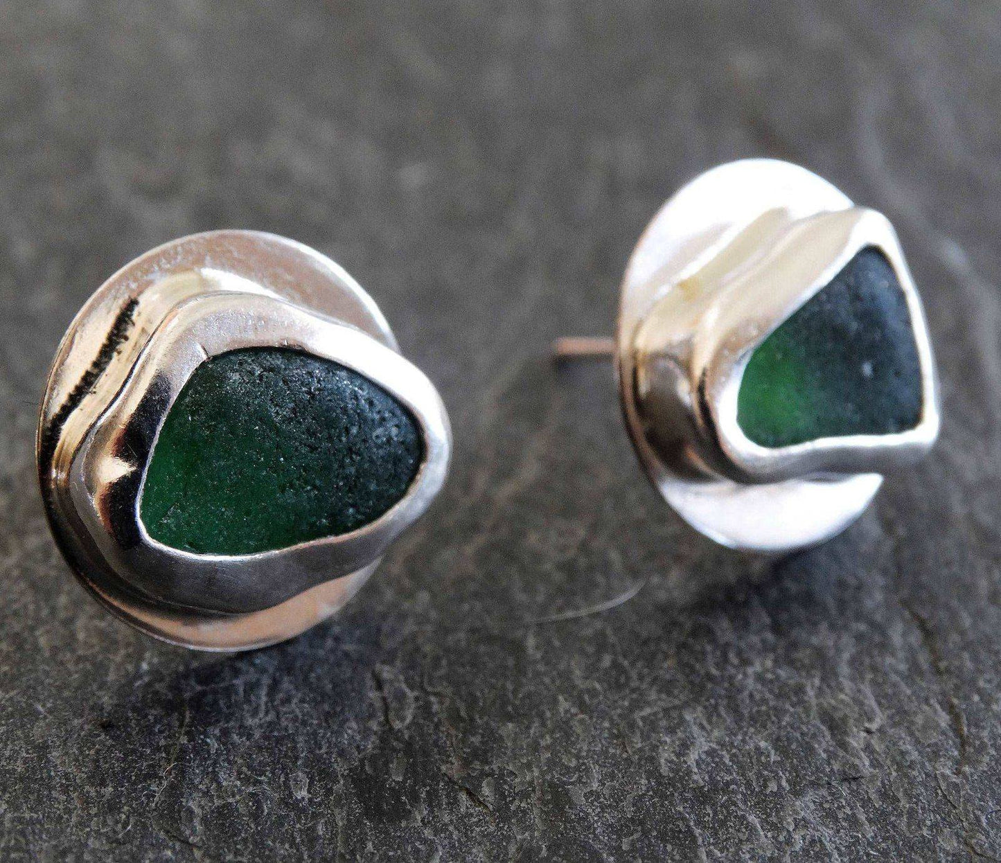 Green sea glass, stud earrings | Earrings | Louella Jewellery