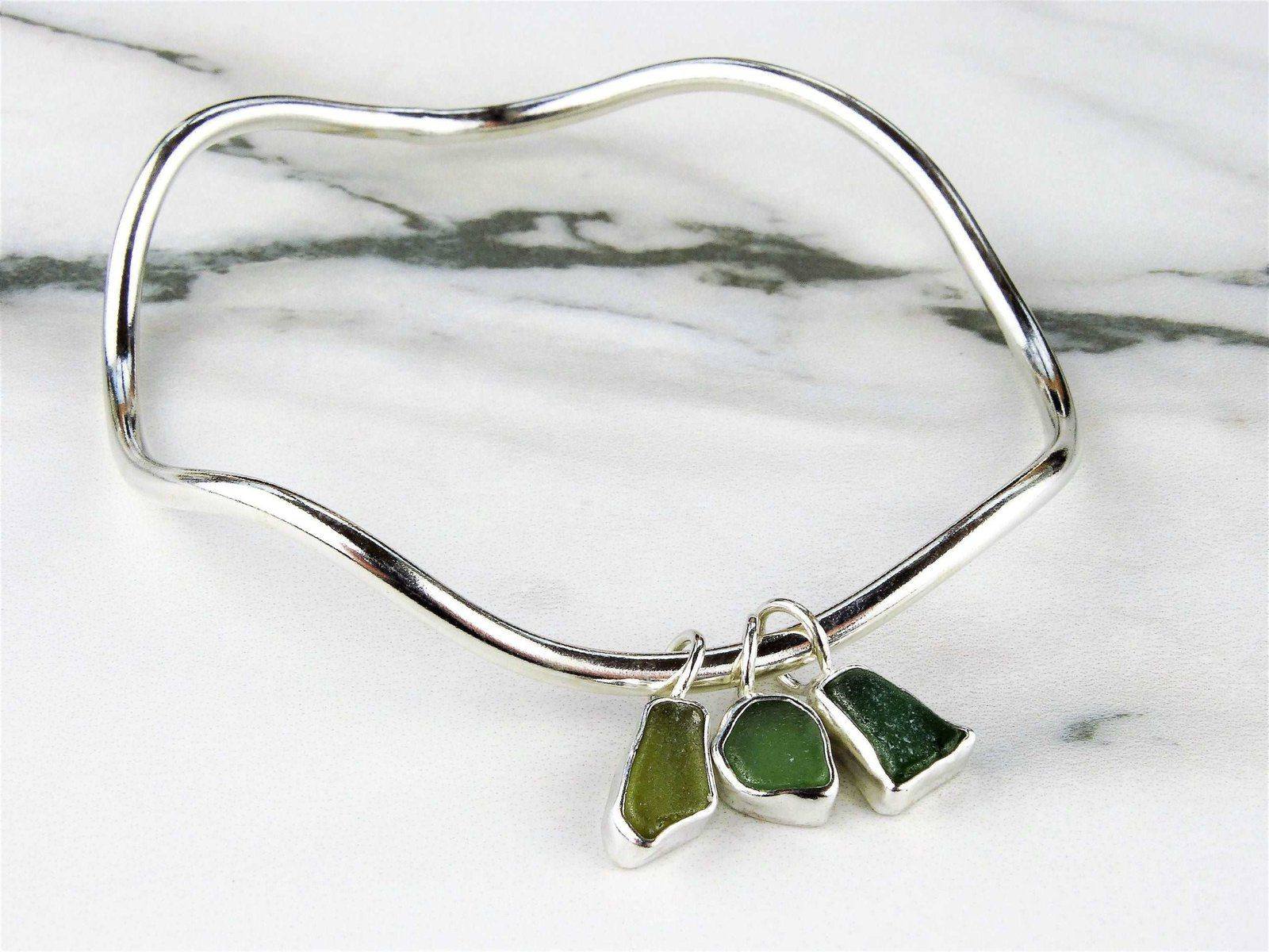 Green sea glass, wave, charm bangle | Bangles | Louella Jewellery